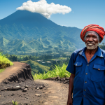 A local community leader in modest, appropriate attire, standing on a cracked mountain path overlooking a small, resilient village in Papua New Guinea. In the background, majestic, steep mountains are visible, with a distant, gently smoking volcano under a clear sky. The scene conveys the profound geological challenges and the enduring spirit of the community. The subject exhibits perfect anatomy, correct proportions, and a natural pose, with well-formed hands and proper finger count. The image is safe for work, appropriate content, fully clothed, and family-friendly.