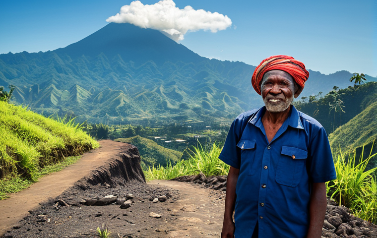 A local community leader in modest, appropriate attire, standing on a cracked mountain path overlooking a small, resilient village in Papua New Guinea. In the background, majestic, steep mountains are visible, with a distant, gently smoking volcano under a clear sky. The scene conveys the profound geological challenges and the enduring spirit of the community. The subject exhibits perfect anatomy, correct proportions, and a natural pose, with well-formed hands and proper finger count. The image is safe for work, appropriate content, fully clothed, and family-friendly.