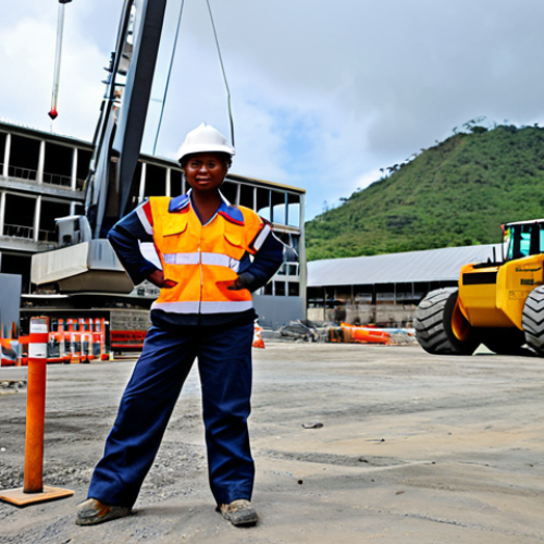 **

A determined female engineer in a fully clothed, professional work uniform, standing on a construction site in Port Moresby, Papua New Guinea.  Background includes heavy machinery and a partially constructed building.  Focus on perfect anatomy, correct proportions, and a natural pose.  Safe for work, appropriate content, high resolution, professional photography.

**