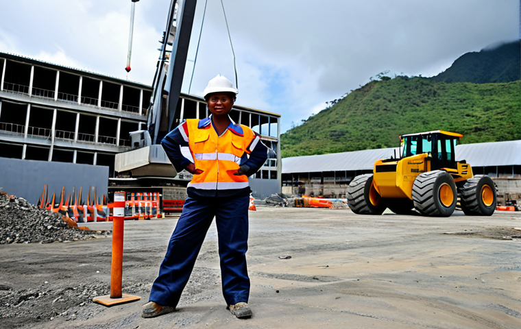**

A determined female engineer in a fully clothed, professional work uniform, standing on a construction site in Port Moresby, Papua New Guinea.  Background includes heavy machinery and a partially constructed building.  Focus on perfect anatomy, correct proportions, and a natural pose.  Safe for work, appropriate content, high resolution, professional photography.

**