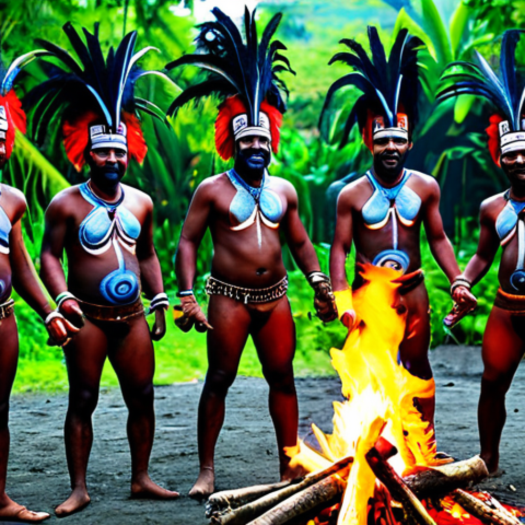 Papuan Ritual Dance**

"A group of Papuan men in vibrant feathered headdresses and body paint, dancing around a bonfire during a traditional ritual, safe for work, appropriate content, fully clothed, modest attire, perfect anatomy, correct proportions, natural pose, well-formed hands, proper finger count, professional photography, high quality, family-friendly, mystical atmosphere, jungle background."

**