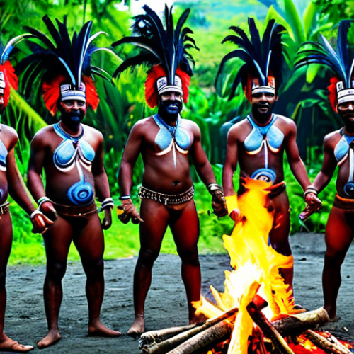 Papuan Ritual Dance**

"A group of Papuan men in vibrant feathered headdresses and body paint, dancing around a bonfire during a traditional ritual, safe for work, appropriate content, fully clothed, modest attire, perfect anatomy, correct proportions, natural pose, well-formed hands, proper finger count, professional photography, high quality, family-friendly, mystical atmosphere, jungle background."

**