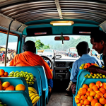 PMV Ride**

"A vibrant, colorful scene inside a crowded PMV (Public Motor Vehicle) in Papua New Guinea. Passengers are fully clothed in modest, everyday attire, engaged in conversation and looking out the windows. The vehicle is moving through a bustling street market with vendors selling fruit and crafts. Safe for work, appropriate content, family-friendly. Perfect anatomy, correct proportions, natural pose, well-formed hands, proper finger count, natural body proportions, professional quality."

**