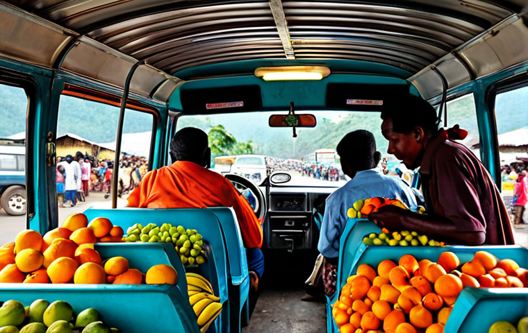 PMV Ride**

"A vibrant, colorful scene inside a crowded PMV (Public Motor Vehicle) in Papua New Guinea. Passengers are fully clothed in modest, everyday attire, engaged in conversation and looking out the windows. The vehicle is moving through a bustling street market with vendors selling fruit and crafts. Safe for work, appropriate content, family-friendly. Perfect anatomy, correct proportions, natural pose, well-formed hands, proper finger count, natural body proportions, professional quality."

**
