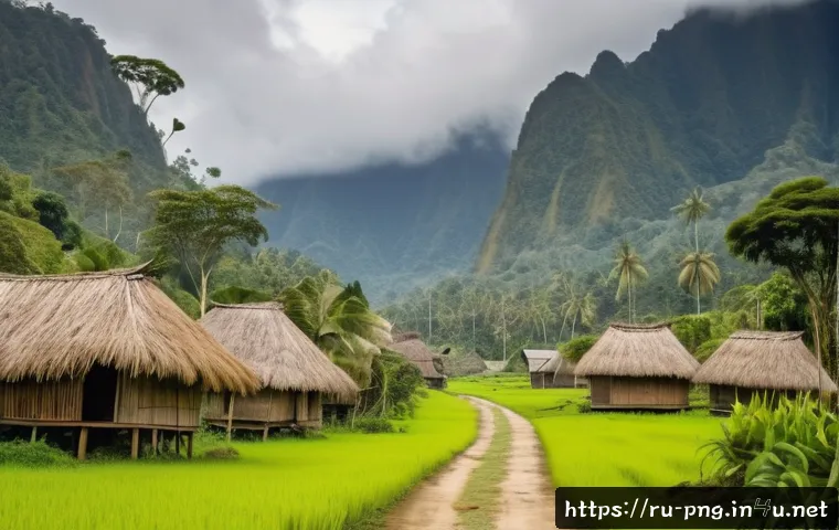 파푸아뉴기니 사회 문제 및 빈곤율 - A remote mountainous village in Papua New Guinea surrounded by dense jungle and rugged terrain, trad...