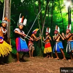 Home 23 카리마 부족 문화 이해 - A vibrant ritual dance scene of the Karima tribe in a lush forest clearing during sunset, featuring ...