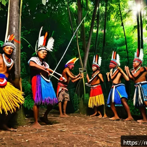 Home 17 카리마 부족 문화 이해 - A vibrant ritual dance scene of the Karima tribe in a lush forest clearing during sunset, featuring ...