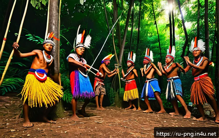 카리마 부족 문화 이해 - A vibrant ritual dance scene of the Karima tribe in a lush forest clearing during sunset, featuring ...