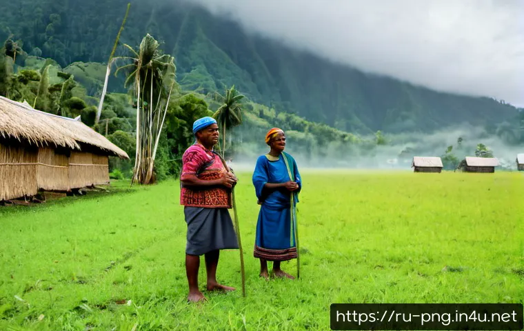 Home 17 파푸아뉴기니 부족 간 갈등 사례 - Photorealistic documentary-style scene in rural Papua New Guinea, two small groups of adult highland...